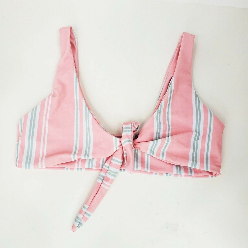 Zaful Bikini Pink Striped Top Swim Suit Front Tie